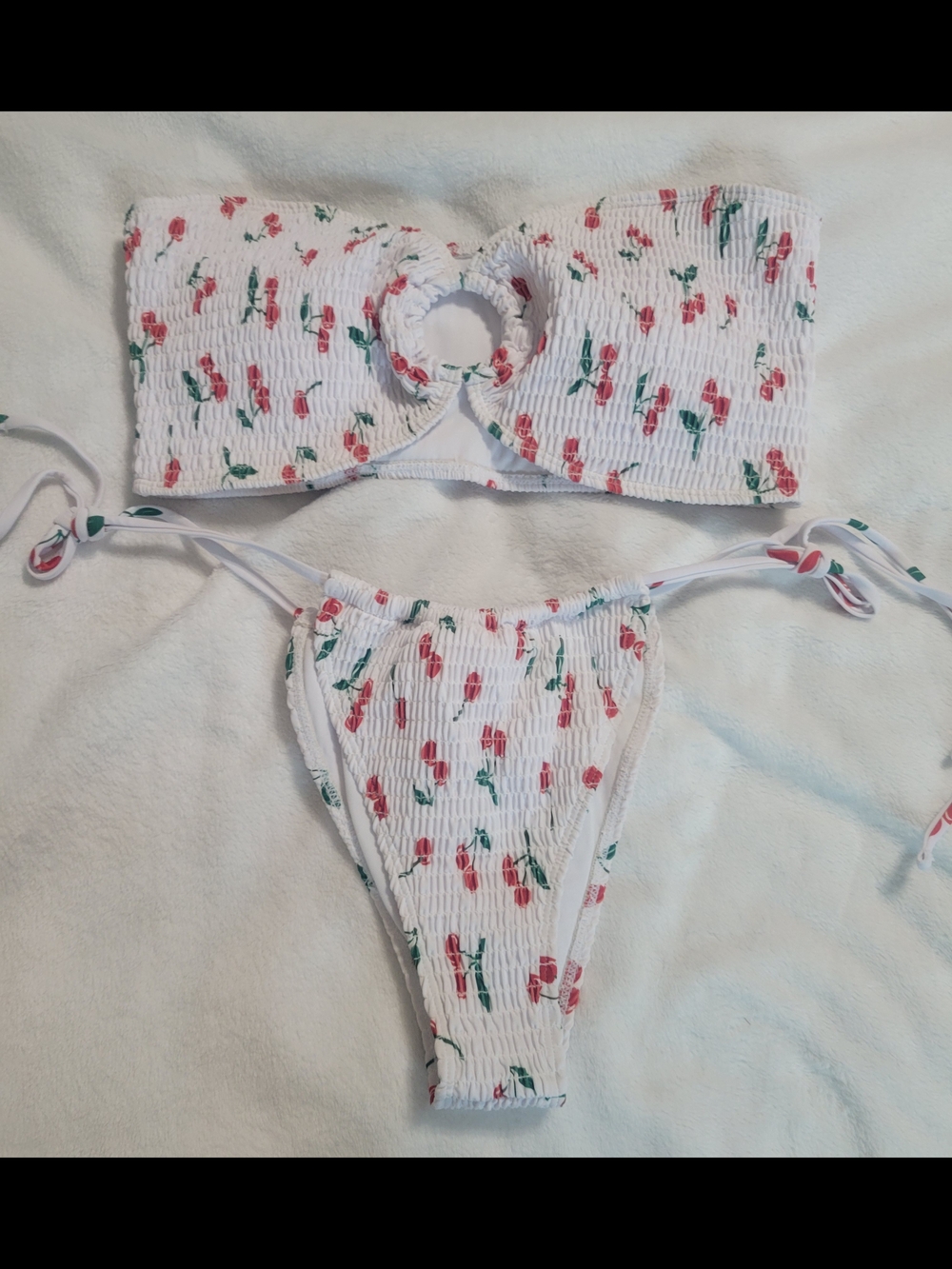 White Cherry Smocked Two-Piece Bikini Size L NWOT